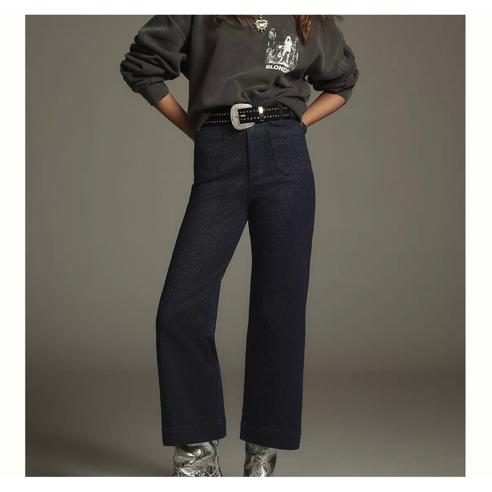 Maeve Anthropologie The Colette Wide Leg Sparkle Denim Cropped Pants Navy 28 NWT